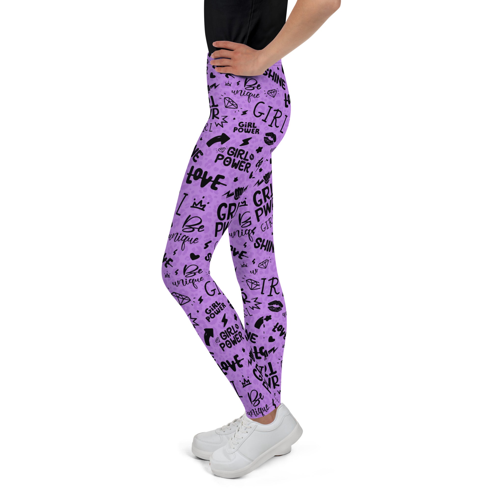 SHE REBEL - Purple Girl Power Youth Leggings with Shadow Leopard Print (Girls' Sizes 8 - 20)